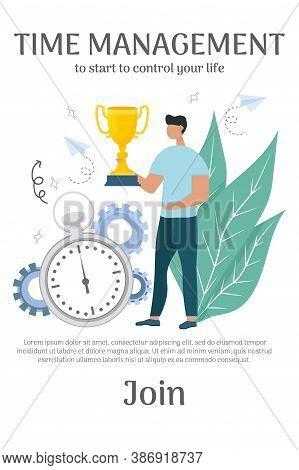 Banner With Text Time Management, Man Standing And Holding Gold Cup Near Stopwatch. Personal Product