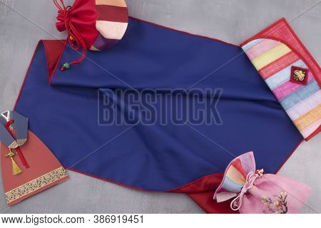 Korean Lucky Bag On Blue Traditional Wrapping Cloth.