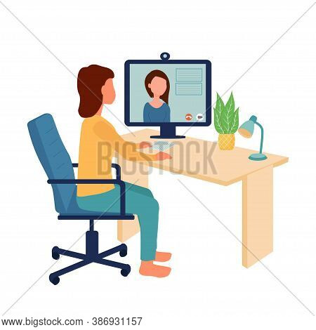 Woman Sitting On Office Chair Near Monitor, Watching Online Video Conference, Webinar. Education, Wo