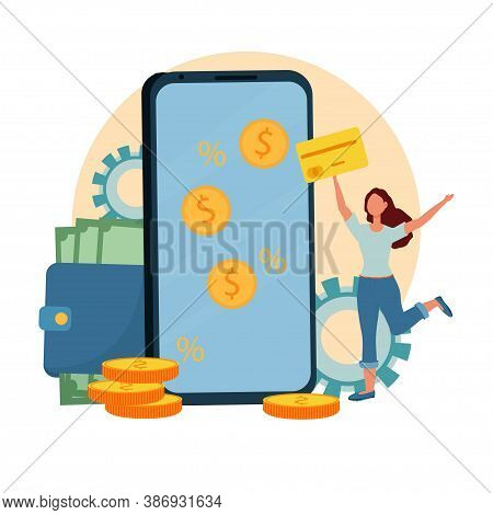 Wallet With Banknotes, Phone With Coins On Screen Near Happy Woman Jumping With Card Stock Vector Il