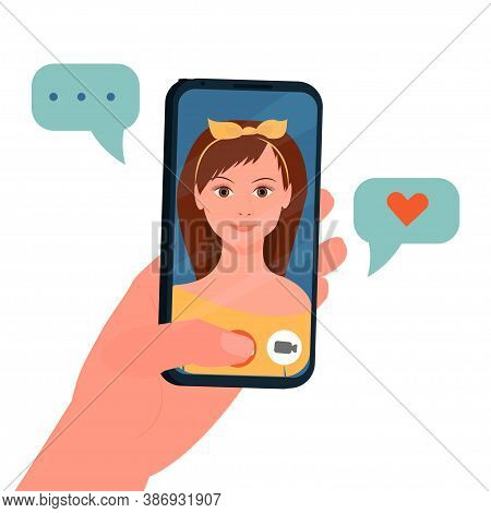 Hand Holding Mobile Phone, Video Call, Conversation. Face Of Girl On Screen Isolated On White Backgr