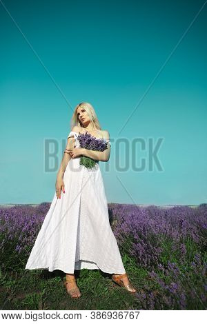 Beautiful Woman Stands On Lavender Meadow. Summer Time