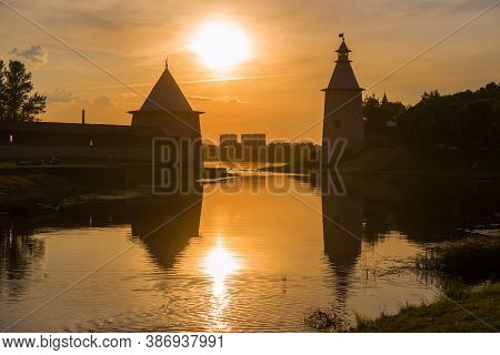 Towers Of The Pskov Kremlin Against The Backdrop Of A July Sunset. Pskov, Russia