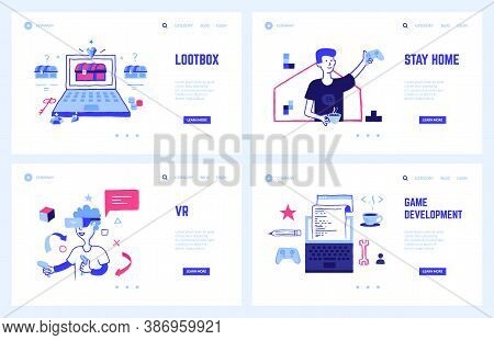 Gaming Landing Page. Game Development And 3d Vr Videogames Concepts With Flat Doodle Elements. Man P