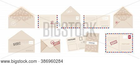 Envelope And Greeting Card. Cartoon Invitation Letter And Postcard Set With Post Stamps. Kraft Paper