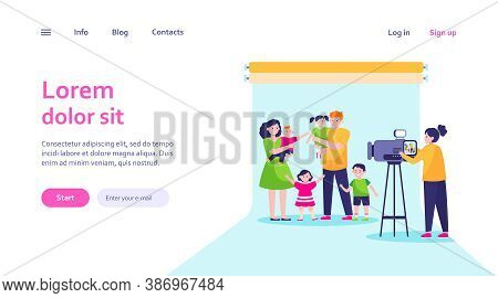 Camerawoman Filming Big Family Scene In Studio. Parents And Children Posing For Camera Flat Vector I