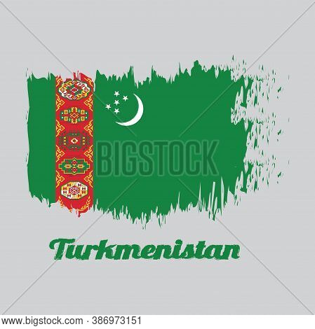Brush Style Color Flag Of Turkmenistan, Green Field With Red Stripe Containing Five Carpet Guls Stac
