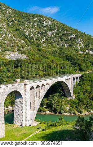 Solkan bridhe on the River Soca, Slovenia