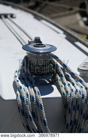 Sailing Rope On The Yachts Capstan Winch