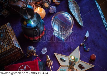 Magic Scene, Mystical Atmosphere, View Of Wicca The Velvet Table, Esoteric Concept, Fortune Telling 