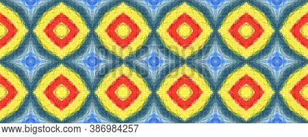 Watercolor Geometric Background. Repeat Tie Dye Ornament. Ikat Persian Print. Yellow, Red, Green Sea