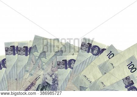 100 Philippine Piso Bills Lies On Bottom Side Of Screen Isolated On White Background With Copy Space
