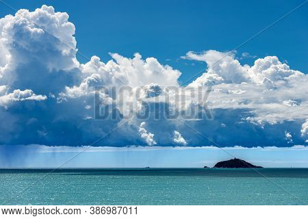Tino And Tinetto Island With Cumulonimbus And Torrential Rain, Near Porto Venere Or Portovenere, Med