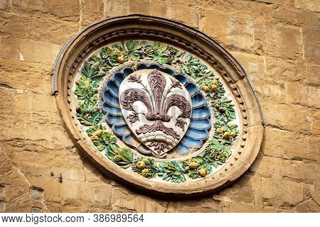 Closeup Of The Church Of Orsanmichele In Gothic Style (1337-1380), Medallion With The Symbol Of The 