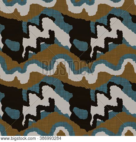 Seamless Dark Blockprint Linen Background. Moody Watercolor Wash Texture. Mid Century 50s Soft Furni