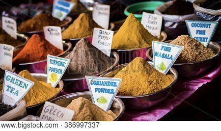 Indian Spices Of Various Kinds And Colors On Display For Sale In A Market In Goa, India