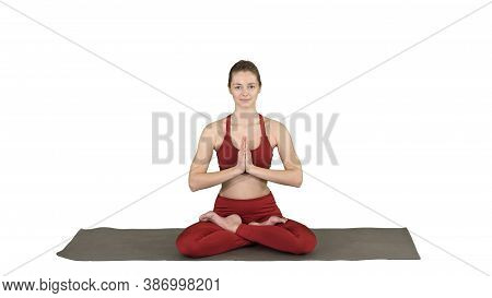 Beautiful Young Woman Sitting In Yoga Pose Lotus Changing Positi