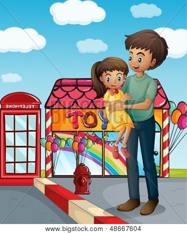 Ilustração de um pai e seu filho perto da loja de brinquedos