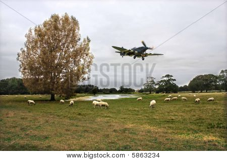 Spitfire sopra terreni agricoli