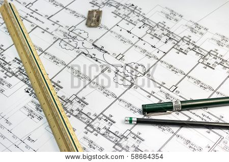 Stationary Tools With Architect Plan Document As A Background
