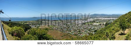 Panoramic view of Rotorua city and lake from mount Ngongotaha in New Zealand