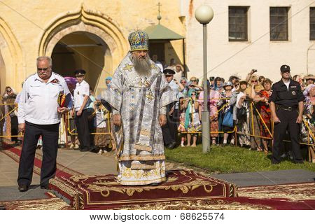 TIKHVIN, RUSSIA - JULY 9, 2014: Bishop Tikhvin and Lodeinopolskiy Mstislav celebrate Orthodox divine Liturgy on occasion celebrations of 10th anniversary of return of Tikhvin icon of the Mother of God