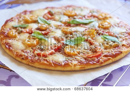 Pizza with pepperoni, tomatoes, pepper and mozzarella