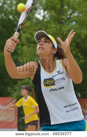 MOSCOW, RUSSIA - JULY 17, 2014: Samantha Barijan of Brazil on the training before the ITF Beach Tennis World Team Championship. Russia hosts the championship for the third time