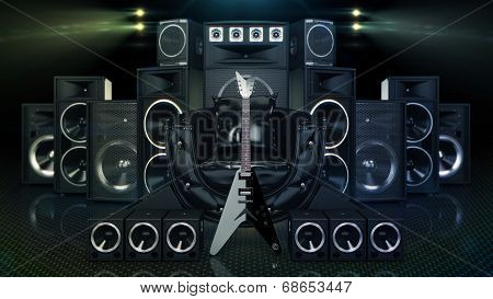 leather sofa surrounded by speakers and electric guitar