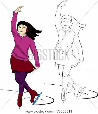 Ice-skating young girl in pink and red