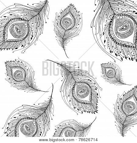 Peacock feather seamless pattern on the background.