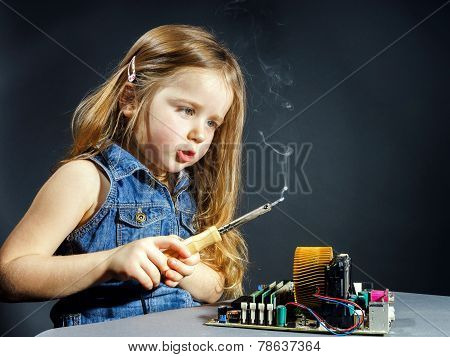 Cute Little Girl Repair Electronics By Cooper-bit