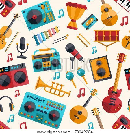 Illustration of modern flat design musical instruments and music