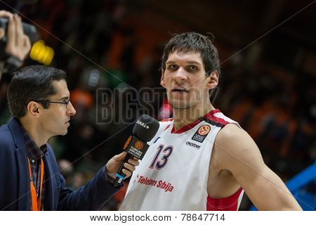 VALENCIA, SPAIN - DECEMBER 5: 13 Marjanovic during Euroleague match between Valencia Basket Club and Crvena Zvezda Telekom Belgrade at Fonteta Stadium on Dicember 5, 2014 in Valencia, Spain