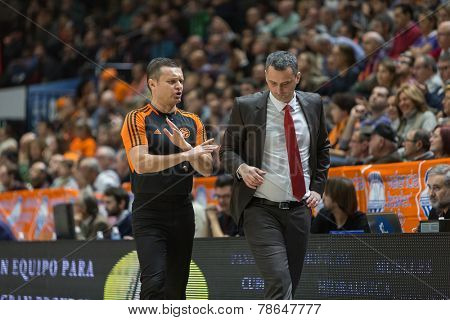 VALENCIA, SPAIN - DECEMBER 5: (Right) Dejan Radonjic during Euroleague match between Valencia Basket Club and Crvena Zvezda Telekom Belgrade at Fonteta Stadium on Dicember 5, 2014 in Valencia, Spain