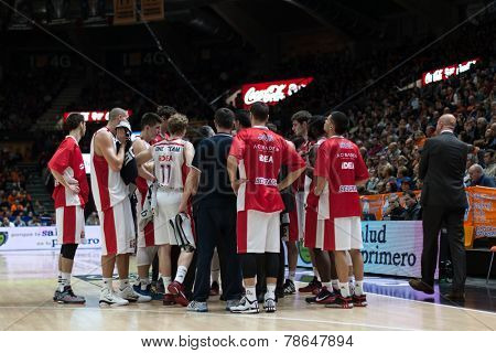 VALENCIA, SPAIN - DECEMBER 5: Crvena Zvezda players during Euroleague match between Valencia Basket Club and Crvena Zvezda Telekom Belgrade at Fonteta Stadium on Dicember 5, 2014 in Valencia, Spain