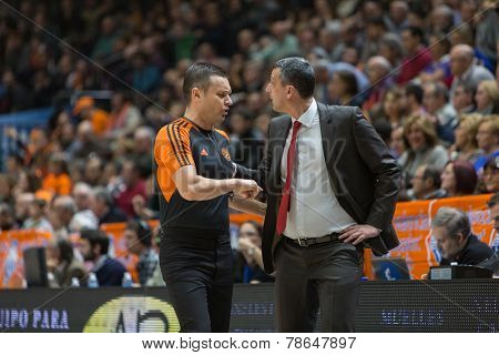 VALENCIA, SPAIN - DECEMBER 5: (R) Dejan Radonjic during Euroleague match between Valencia Basket Club and Crvena Zvezda Telekom Belgrade at Fonteta Stadium on Dicember 5, 2014 in Valencia, Spain