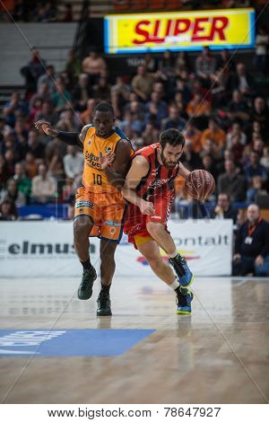 VALENCIA, SPAIN - DECEMBER 7:  San Emeterio ball during Endesa Spanish League game between Valencia Basket Club and Laboral Kutxa Baskonia at Fonteta Stadium on December 7, 2014 in Valencia, Spain