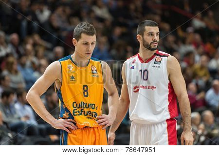 VALENCIA, SPAIN - DECEMBER 5: Nedovic 8, Lazic 10 during Euroleague match between Valencia Basket Club and Crvena Zvezda Telekom Belgrade at Fonteta Stadium on Dicember 5, 2014 in Valencia, Spain