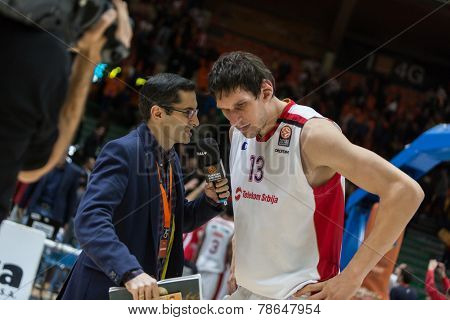 VALENCIA, SPAIN - DECEMBER 5: 13 Marjanovic during Euroleague match between Valencia Basket Club and Crvena Zvezda Telekom Belgrade at Fonteta Stadium on Dicember 5, 2014 in Valencia, Spain