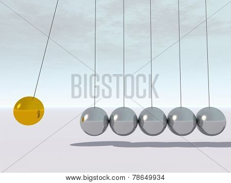 Concept or conceptual 3D metal silver and gold creative sphere Newton cradle pendulum over a sky background