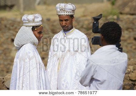 People do wedding photography in traditional dresses, Axum, Ethiopia.