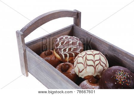traditional jewish holiday chanuka donuts in retro vintage tray isolated on white background