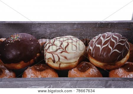 traditional jewish holiday chanuka donuts in retro vintage tray isolated on white background