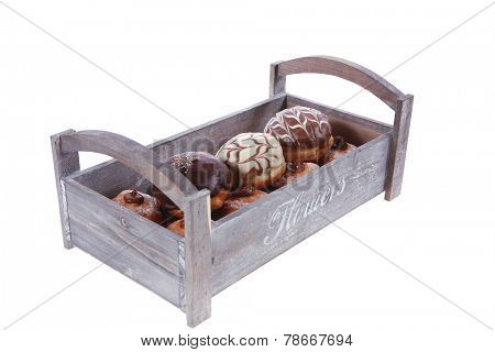 traditional jewish holiday chanuka donuts in retro vintage tray isolated on white background