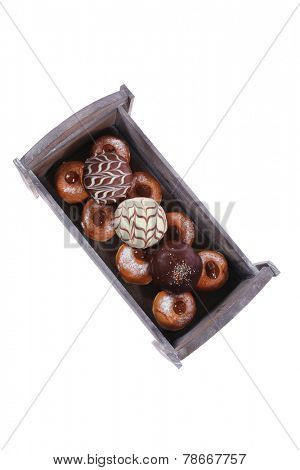 traditional jewish holiday chanuka donuts in retro vintage tray isolated on white background