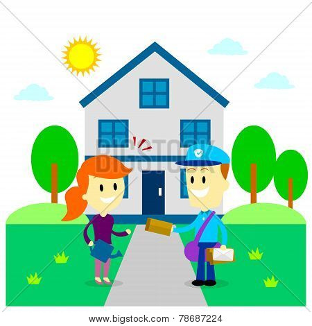 Postman Delivering A Letter to A Woman's House