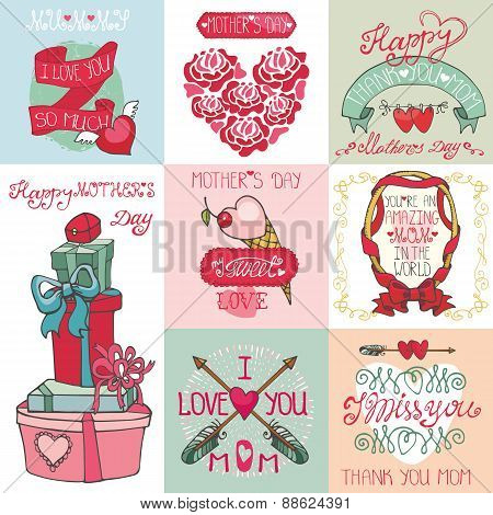 Mothers day cards set.Labels, hearts,decor elements,lettering