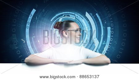 Young woman in white and virtual blue interfase