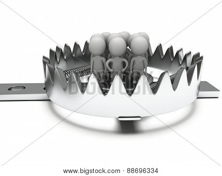 Metal animal trap with people isolated on white